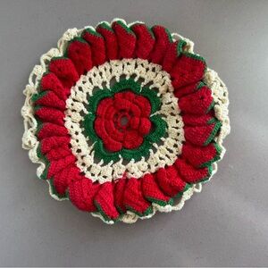 Handmade Crochet Doily Red Green Cream